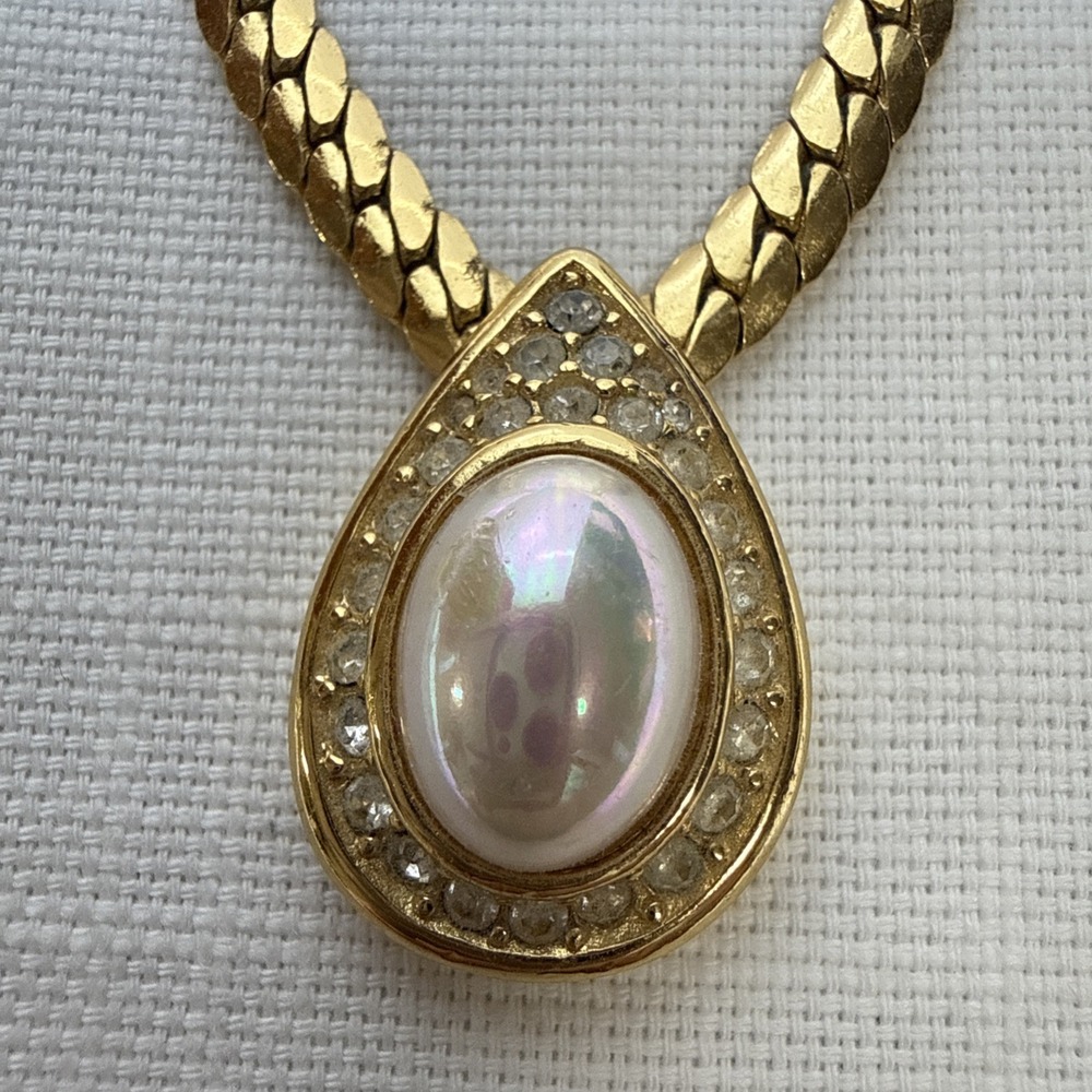 Vintage Christian Dior Faux Pearl Rhinestone Pendant Necklace Signed CD 1980s